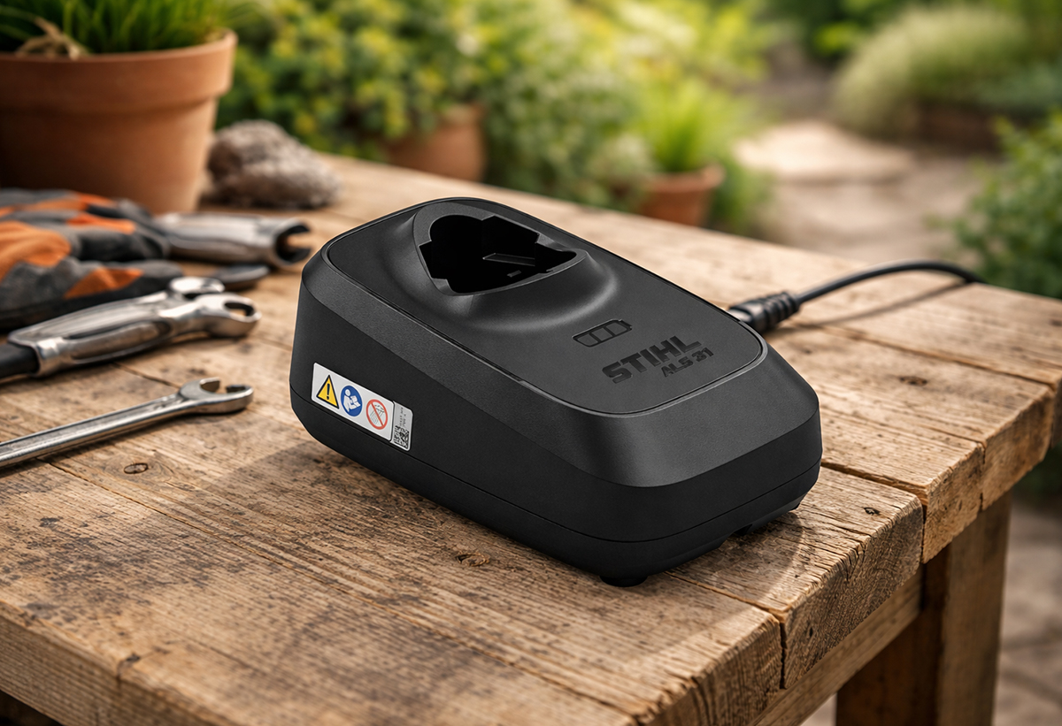 Απεικονίζεται ο φορτιστής πάνω σε τραπέζι μαζί με άλλα εργαλεία.